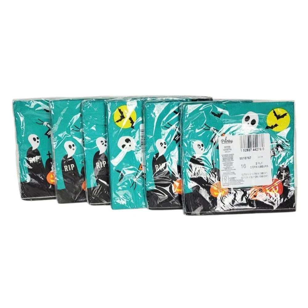 VTG 80s 90s Halloween Party Skull Ghosts Bats Paper Napkins 16 Ct Lot Of 6 Pks.